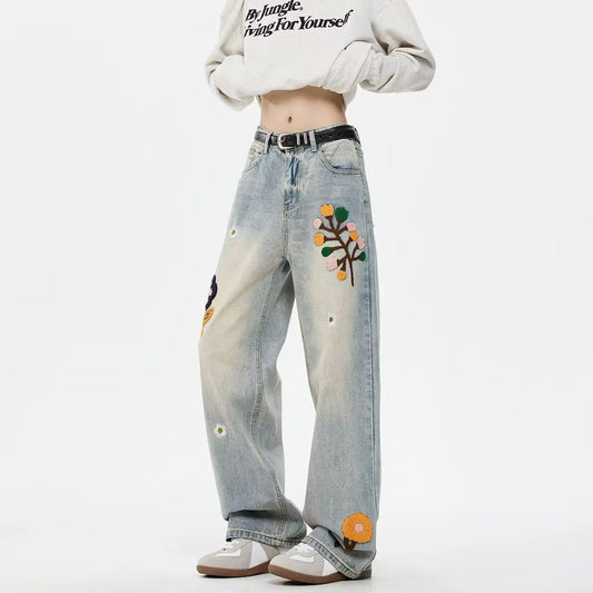 Vintage Flower Embroidered Jeans For Women High Street Baggy Straight Wide Leg Denim Pants Autumn Design Hip Hop Fashion Jean