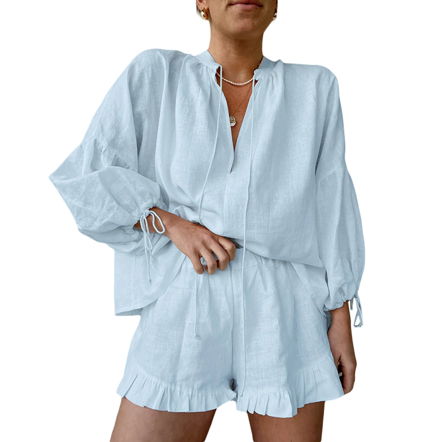 Casual Women s Summer Outfit Stylish Long Sleeve V-Neck Top with Tie-Up Detail and Elastic Waist Shorts Set for a Chic Look