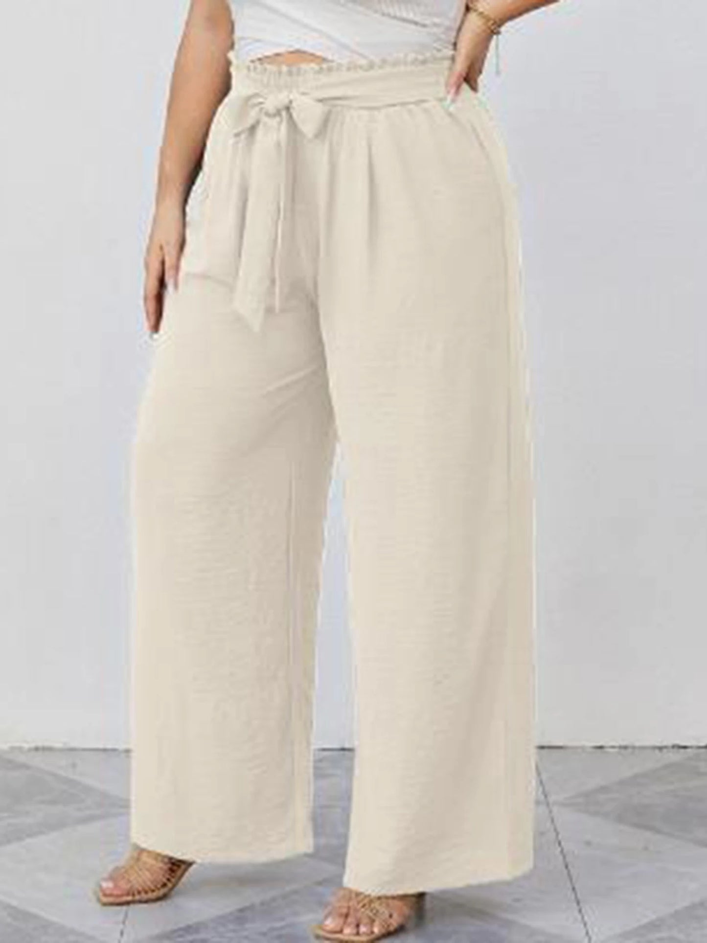 Women s Fashionable Wide Leg Trousers in Plus Size with Stylish Tie-Up Belt and Convenient Pockets for a Chic Look