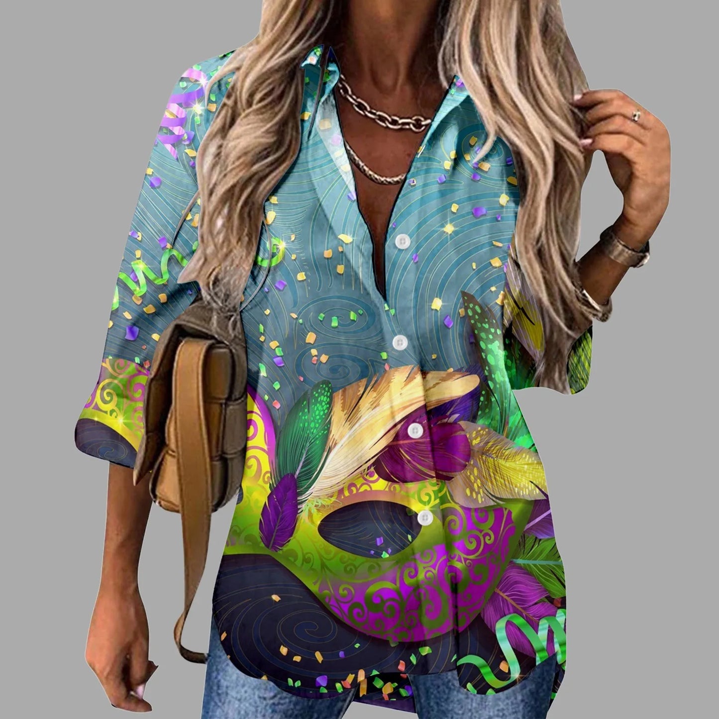 Mardi Gras Women V Neck Shirts Button Long Sleeve Carnival Print Tops Female Blouses Loose