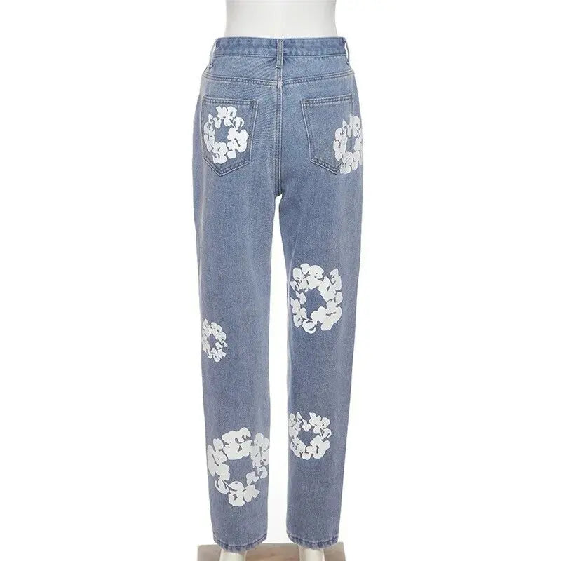 Women Jeans Denim Pants Fall Winter Casual Aesthetic Flower Print Jeans  High Waist Fashion