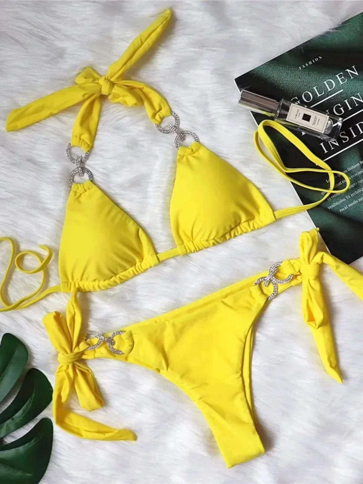 Luxury Rhinestones Bikini Women Solid Color Bandage Cross Diamond Thong Beach Bathing Suit