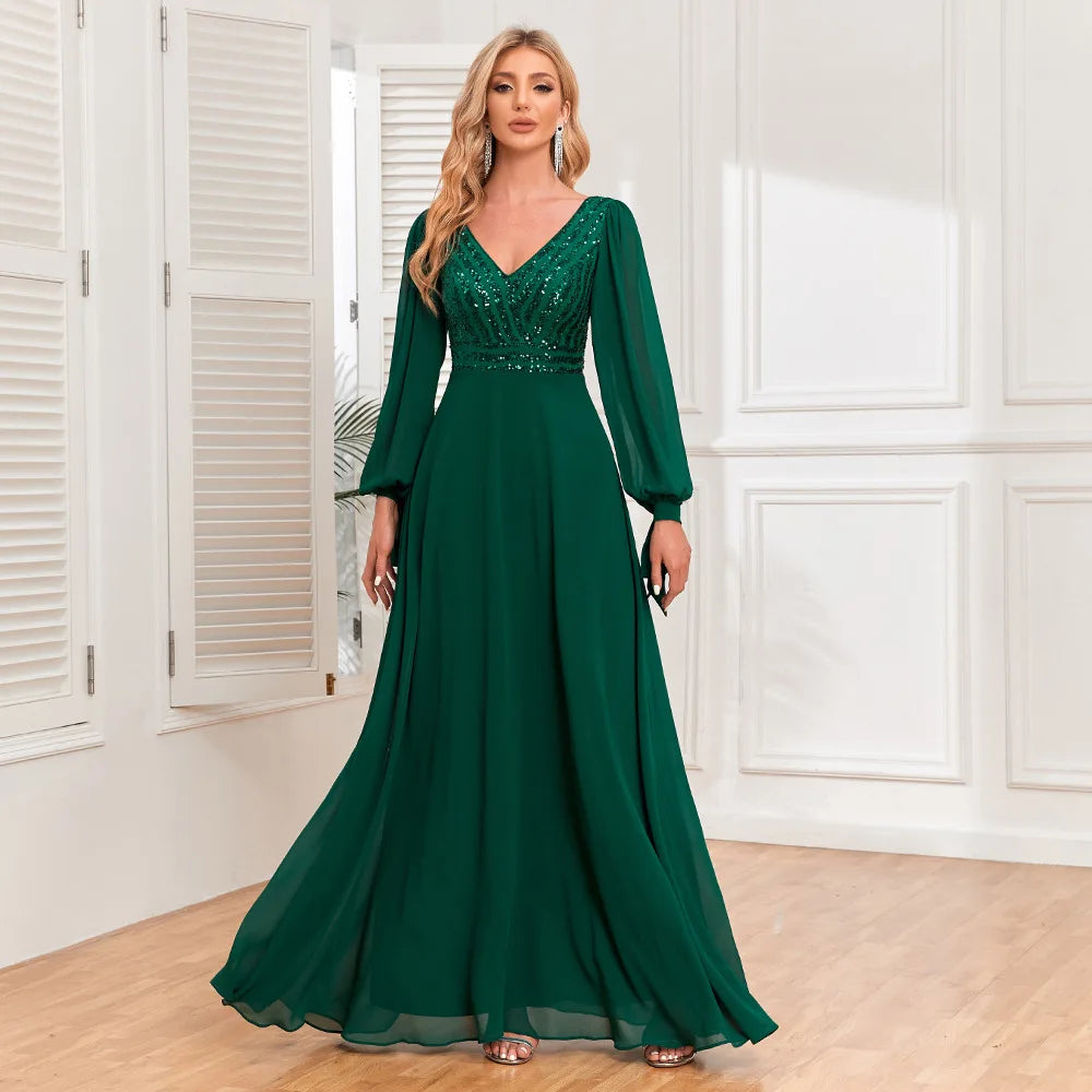 Maxi Dress Soft Satin Green V Neck Beading Long Dress High Waist
