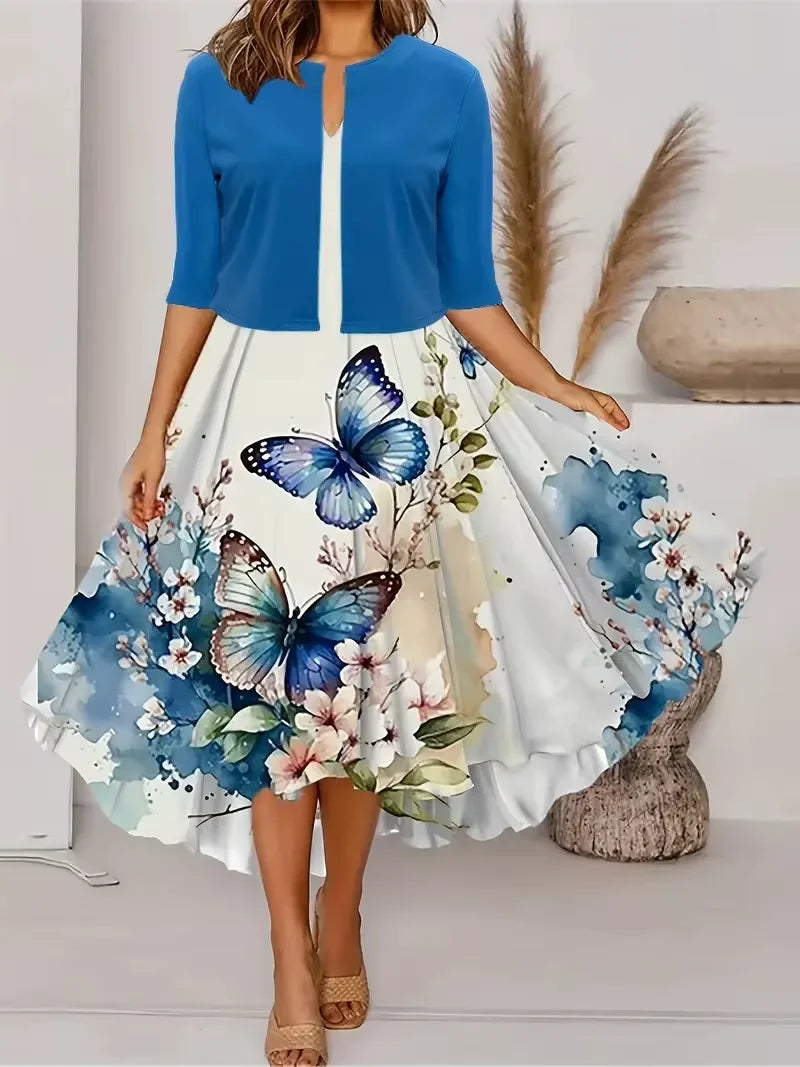 Europe and United States  women's dress two-piece floral and geometric print dress leisure holiday women's wear
