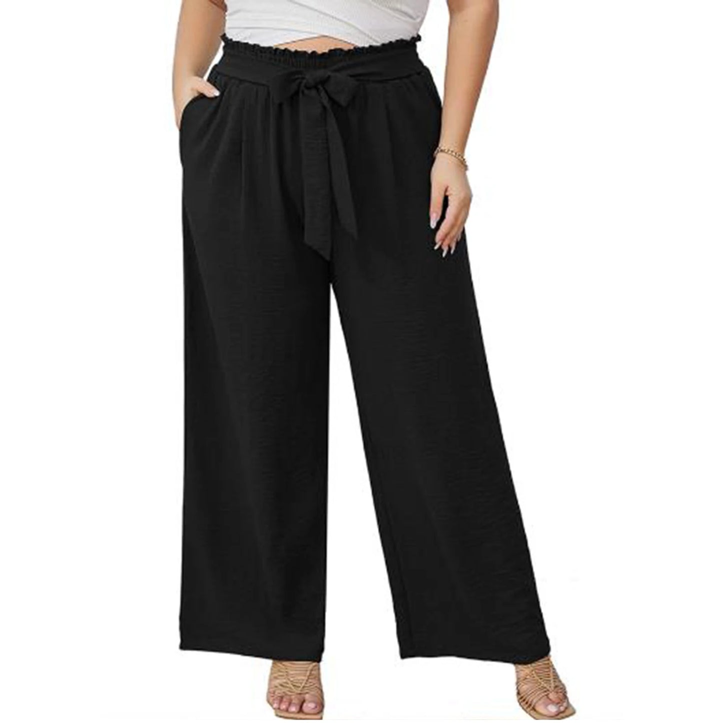 Women s Fashionable Wide Leg Trousers in Plus Size with Stylish Tie-Up Belt and Convenient Pockets for a Chic Look