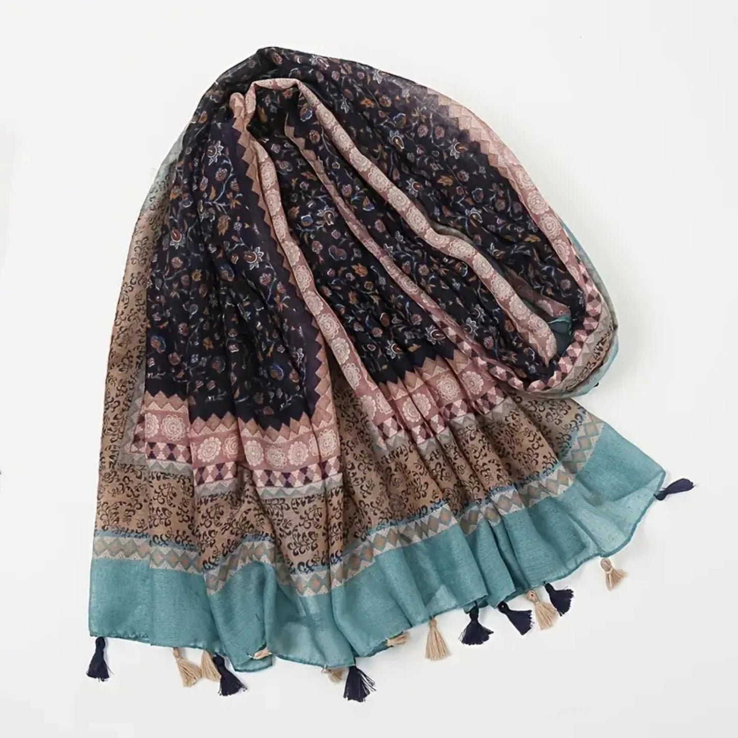 Ethnic Print Tassel Scarf in Cotton and Linen, Women's Retro Fashion Shawl