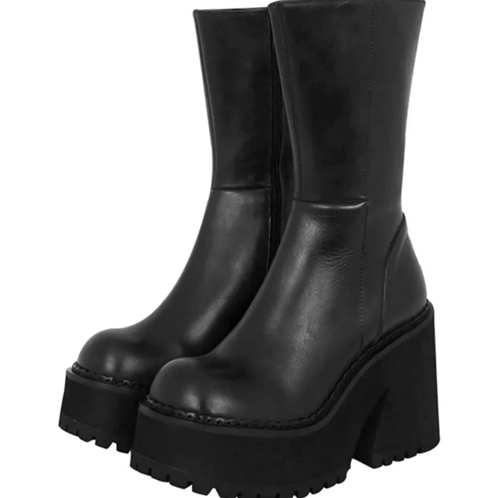 Punk Goth Platform Chunky High Heel  Ankle Boots Round Toe Side Zipper Shoes