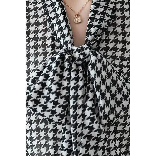 Vintage Houndstooth Printed Bow  V-Neck Pullovers