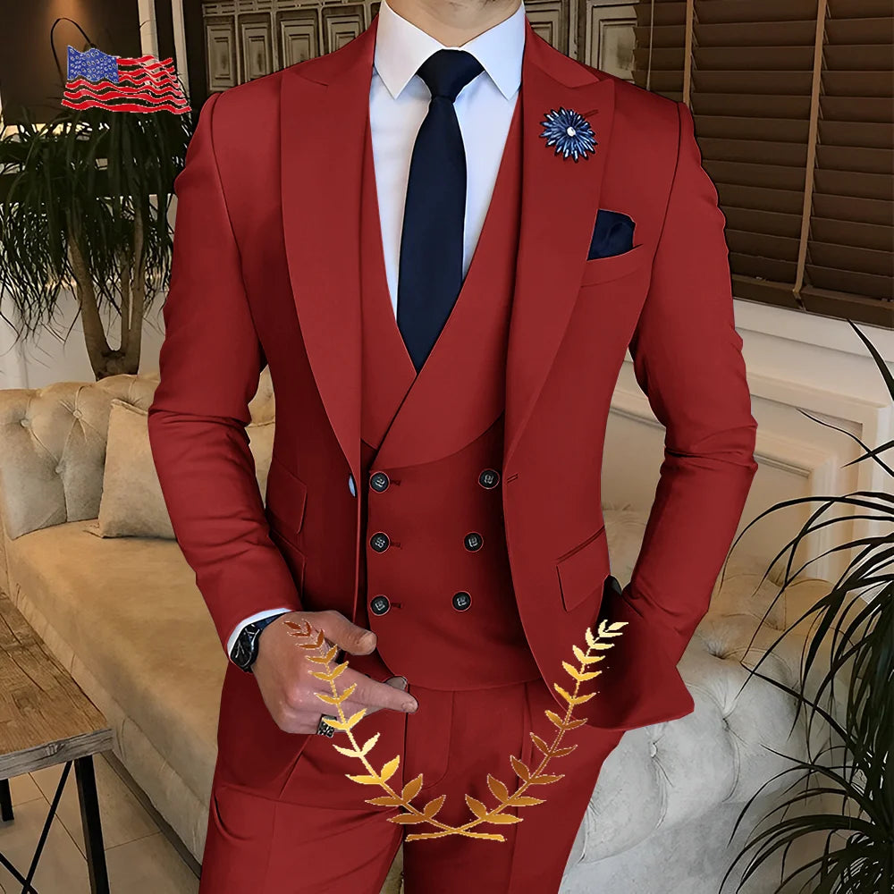 Men's Suit Jacket Pants Vest 3-piece Set Slim Fit Handsome Men Blazer for Party