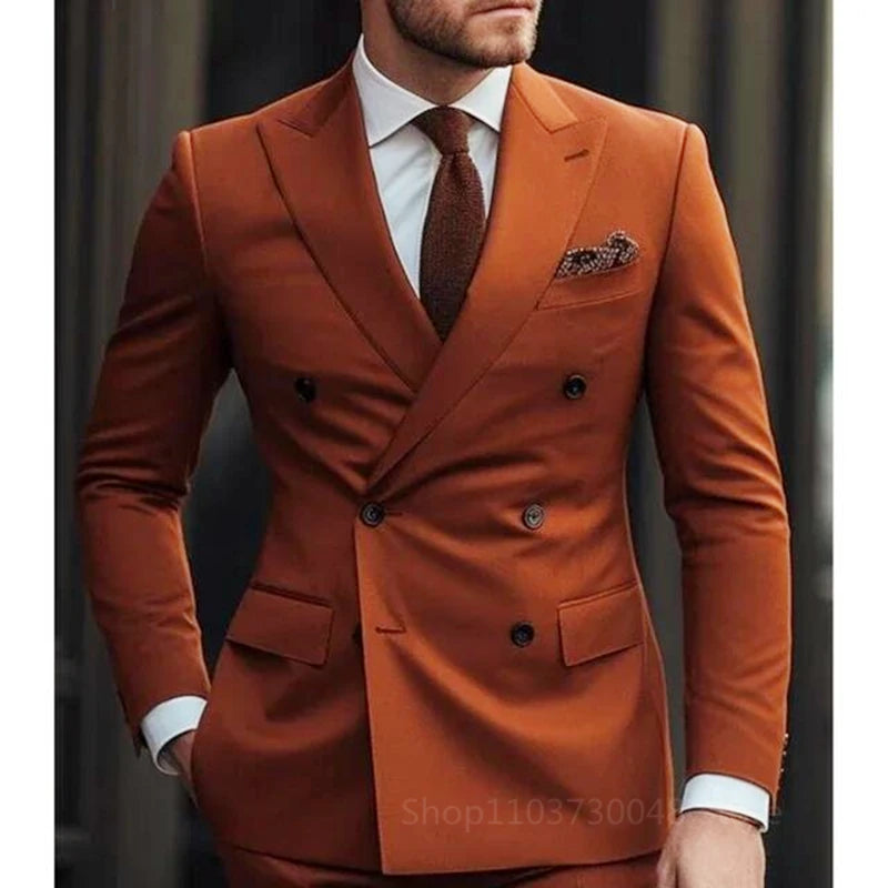 Solid 2 Pieces Men Suits Set Fashion Men's Formal Business/Wedding Groom Suits Peak Lapel Double Breasted Blazer Trousers