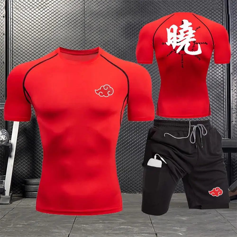 Jogging Breathable Compression Sportswear Summer Men's Training Two-piece Tight T-shirt Fitness Shorts Gym Workout Set S-3xl