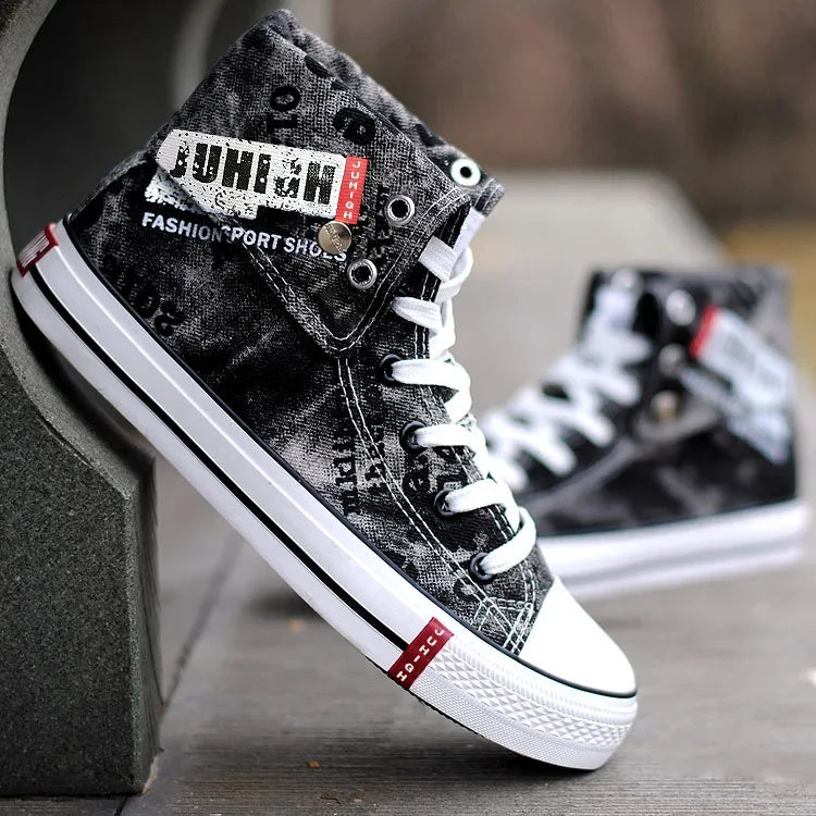 Men's High-top Canvas Shoes Black Denim Blue Denim Color Turn-down Trendy Shoes Casual Breathable Board Summer
