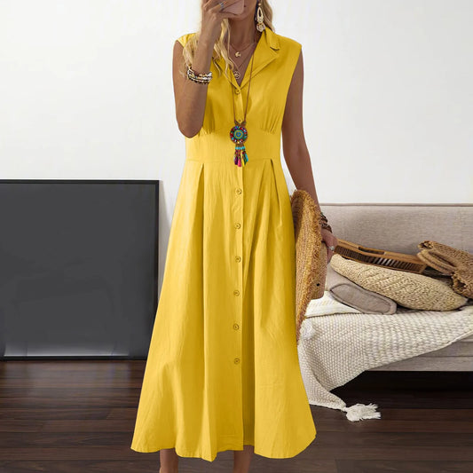 Casual Loose Sleeveless Shirt Dress Solid Color Button Cotton Linen Blend Dress Elegant Vacation Holiday Dresses