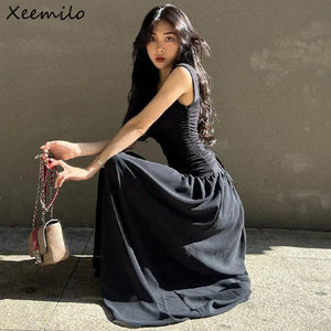 Elegant Slip Long Dresses Sexy Women's Ruched Bodycon Solid Maxi Dress Spring Summer Dropped waist