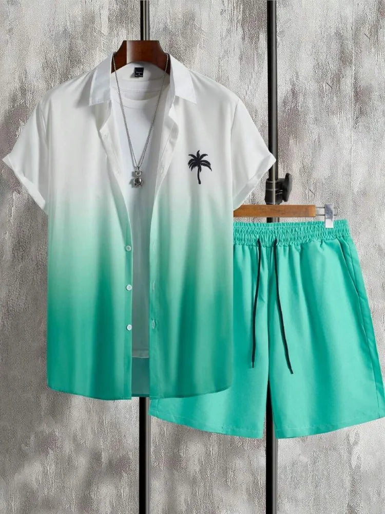 Fashion Hawaii Set Coconut Print Men's Shirt 2 Piece Luxury 3D Holiday Set Short Sleeve Casual Shirt Beach Two Piece Men's Set