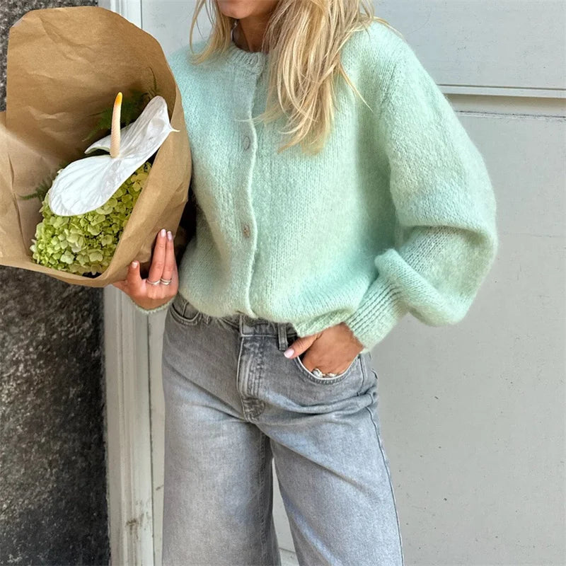 Sweaters Women Solid Color Round Neck Single Breasted Long Sleeve Cardigan Tops Warm Knitwear Streetwear