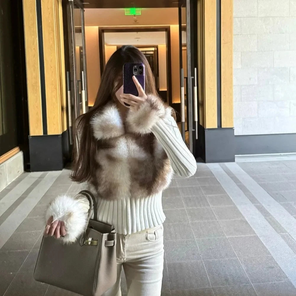 Faux Fur Sweater Crop Cardigan Designer Knitwear Knitted Sweater Women Long Sleeve Cuddly Full Zip Aesthetic Vintage