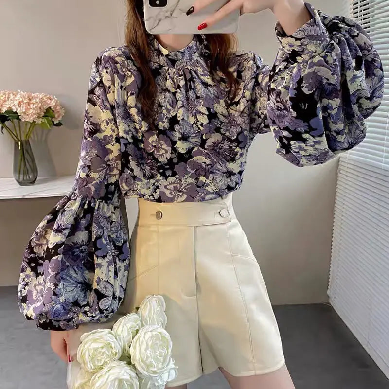Floral Printed Lantern Sleeve Blouse Spring Autumn