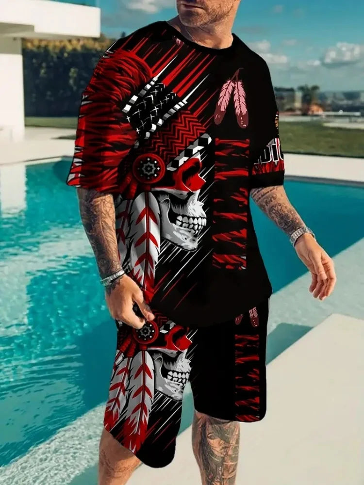 Hip Hop Style Personality Cartoon 3D Printed Men's Round Neck Short Sleeve 2 piece Fashionable Street Sports All-match Men's Suit