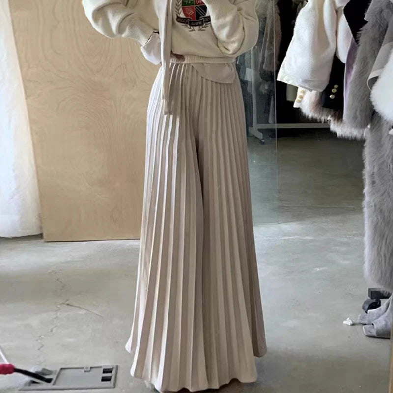 Casual Office  Pleated Skirt  Hight Waist Solid Long Skirt