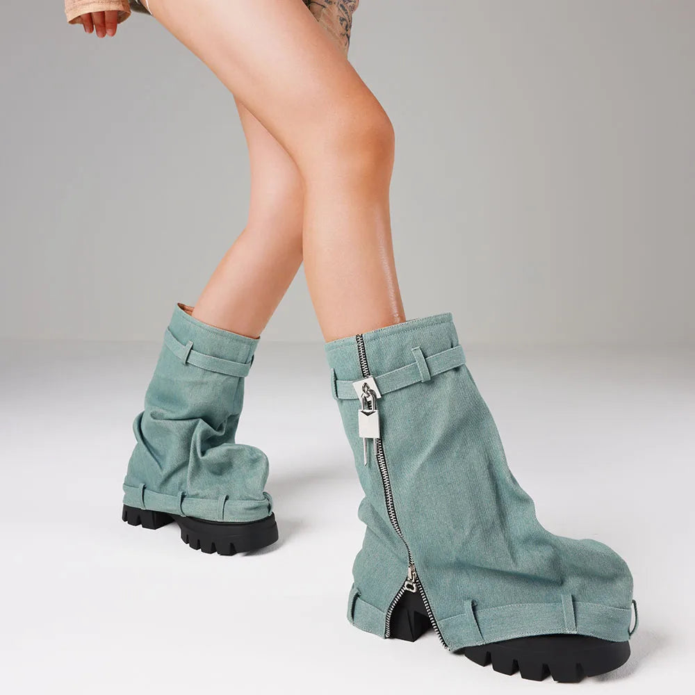 Punk  Fold Over Boots Slouchy Boots Wide Calf Pleated Platform Denim Boots Chunky Stacked Boots Mid Calf Boots