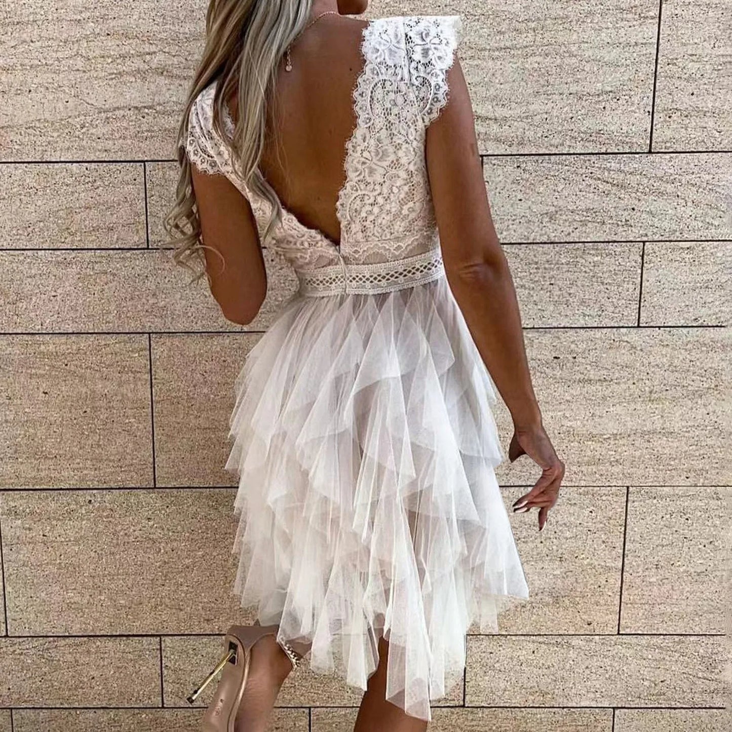 Backless Lace  Dress Women's Sexy Bow Lace-up Mesh Sleeveless Cocktail Dresses Summer  Prom Dresses