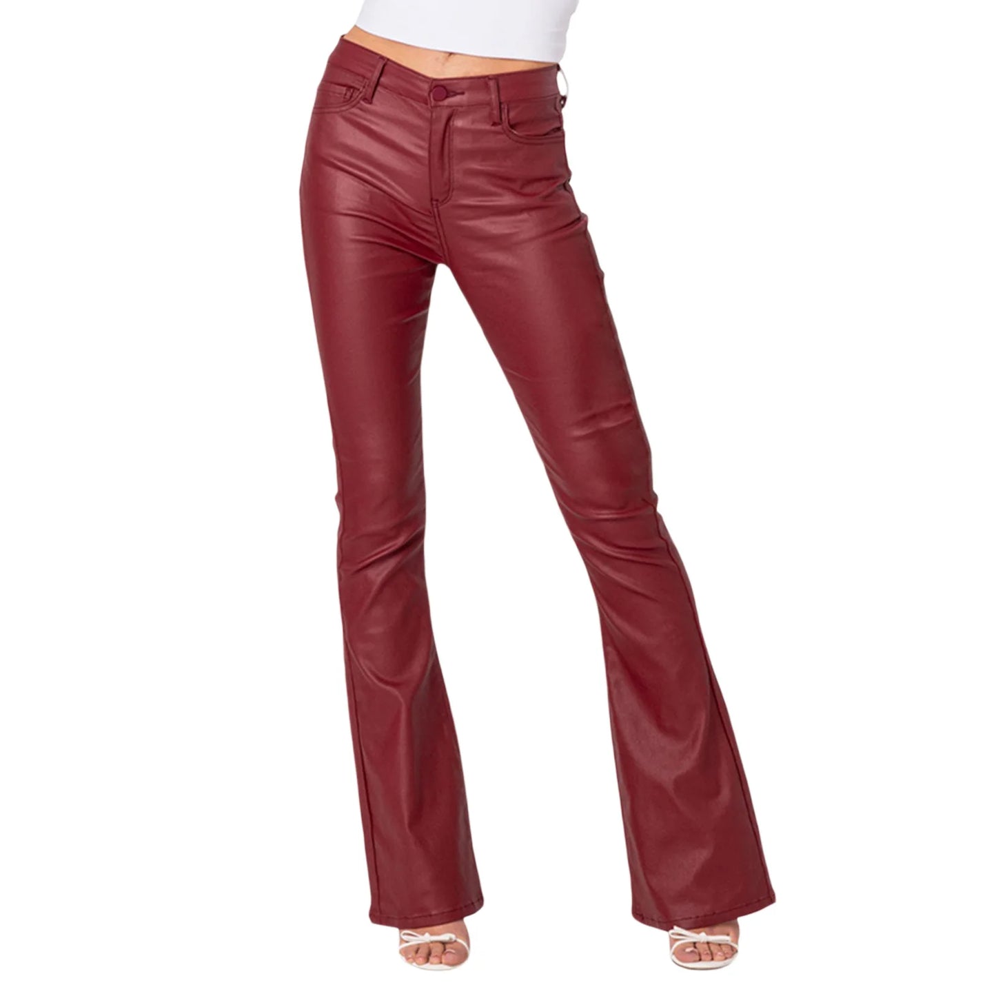 PU Solid Trousers Retro Sexy Low-waist Casual Faux Leather Flared Long Pants Bell Bottom Trousers