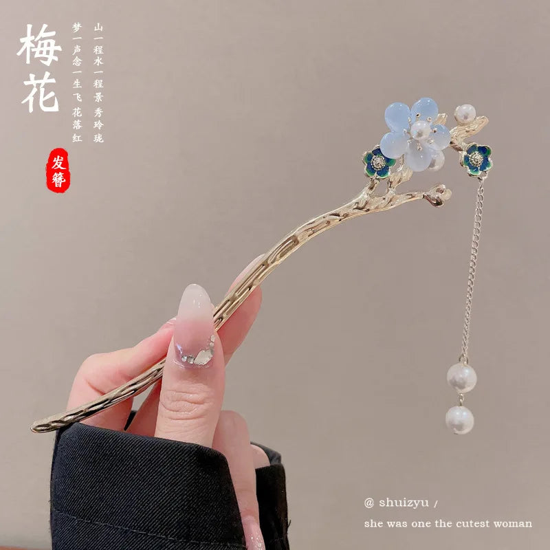 Elegant Chinese Style Hair Accessory Romantic Enameled Flower Tassel Hair Pin Alloy Jewelry Hairpin For Women Fashion Hairpin