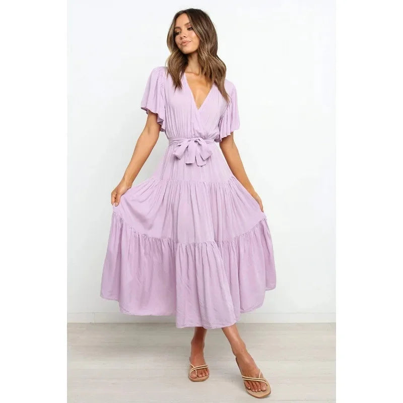 Bohemian V-Neck Short Sleeve Waist-Cinched Dress Skirt Dress