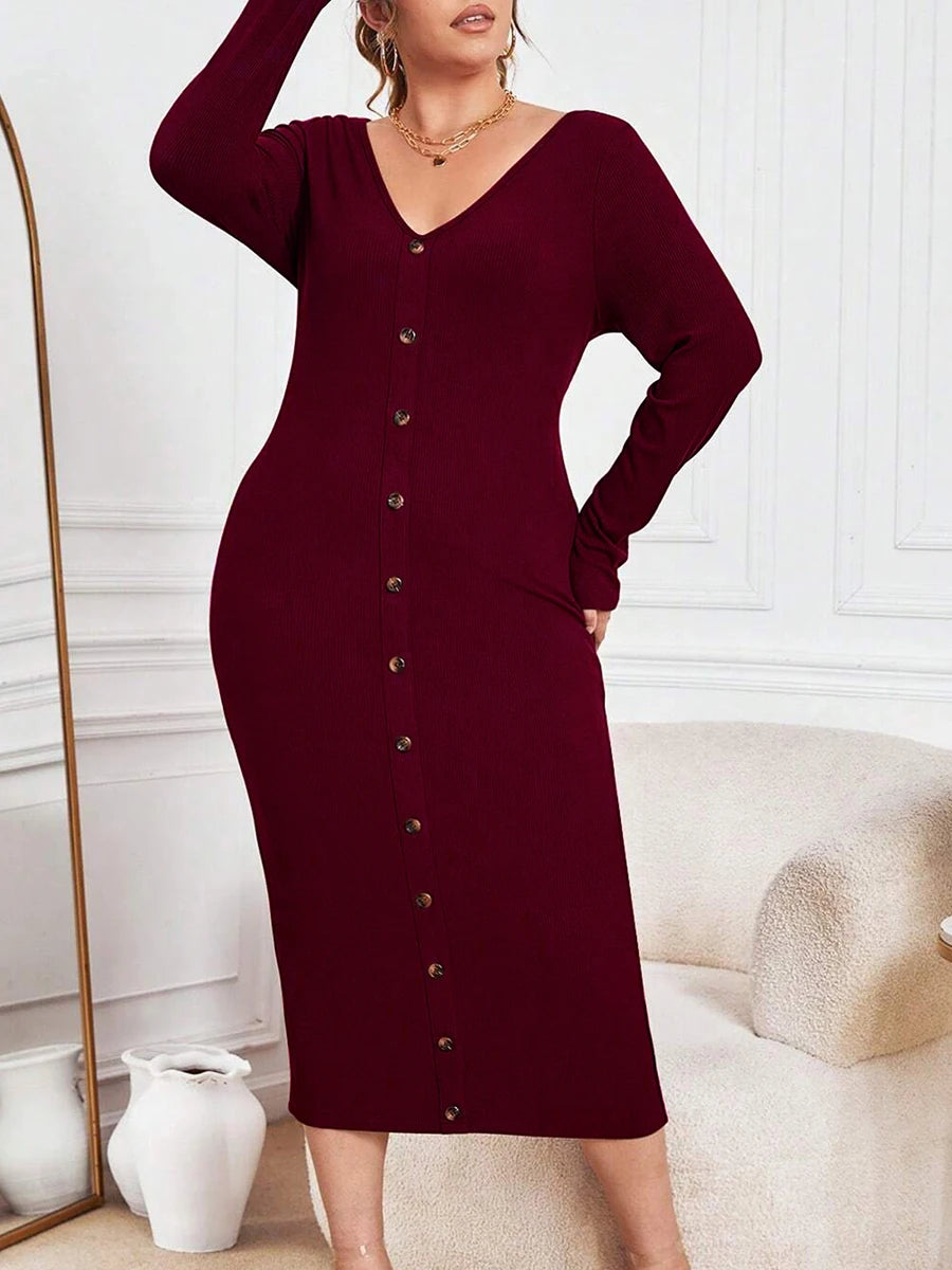 Ribbed Knit Maxi Dress with Long Sleeves and V-Neckline in Solid Color