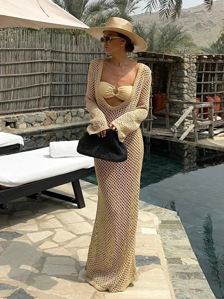 Sexy U-neck Bell Sleeve Knit Maxi Dress Women's Swimwear Bikini Cover-ups  Crochet Beach Outfit