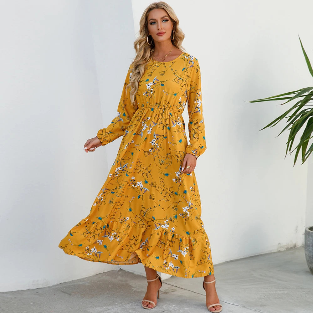Bohemian Women's Maxi Dress Casual Long Sleeve High Waist Beach Woman Chiffon Dresses Floral