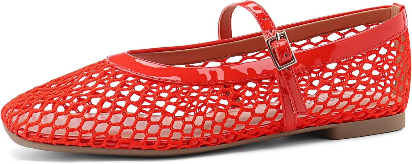 Mesh Ballet Flats for Women Comfortable Square Toe Ballerina Flats Buckle Strap Casual Fishnet Flat Shoes