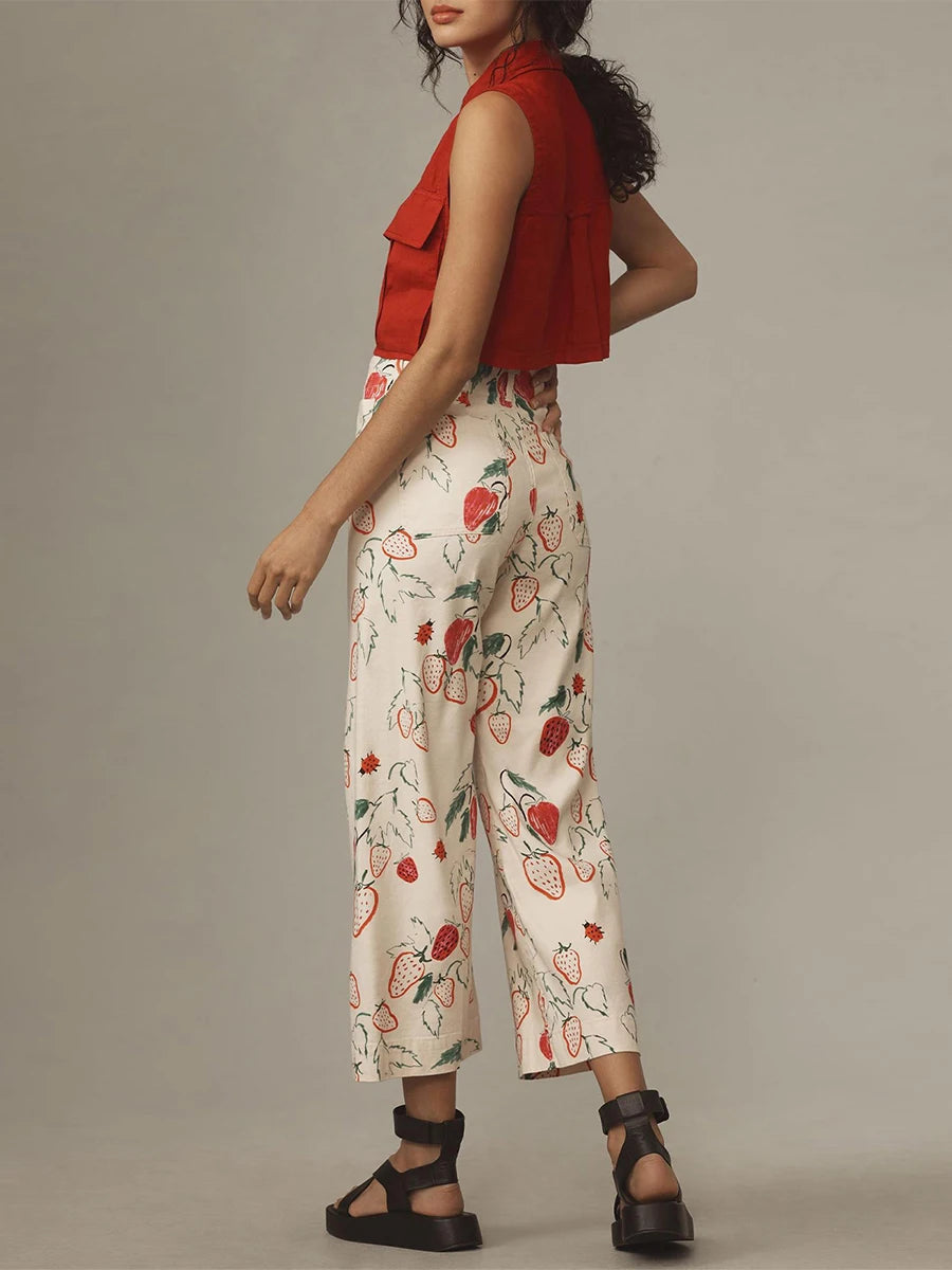Women High Waisted Wide Leg Denim pants with Fun Floral Print Detailing for Chic Office and Street Style Wear