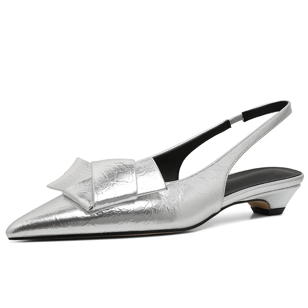 Kitten Low Heels Bownkot Pointy Toe Leisure Sandals Pleated Slip-on Back Strap Flats