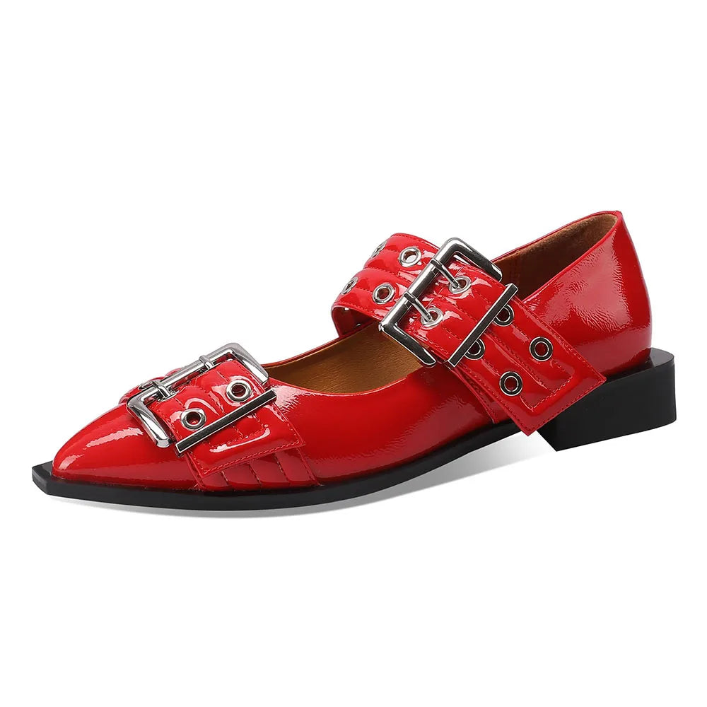 Flats Pointed Toe Buckle Strap Chunky Low Heel
