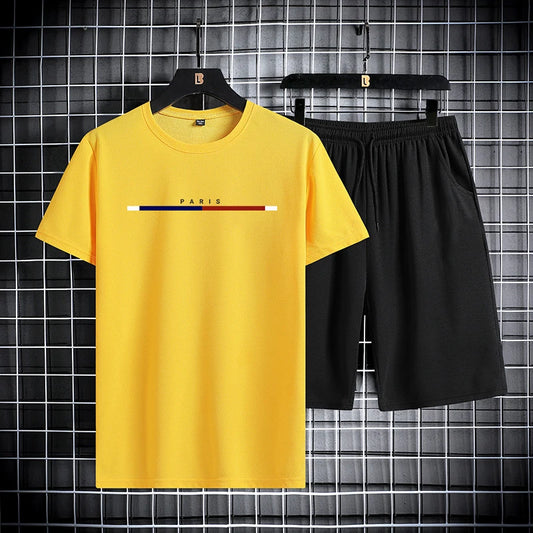 Summer men's short sleeved shorts set with round neck quick drying sports T-shirt thin breathable running sportswear
