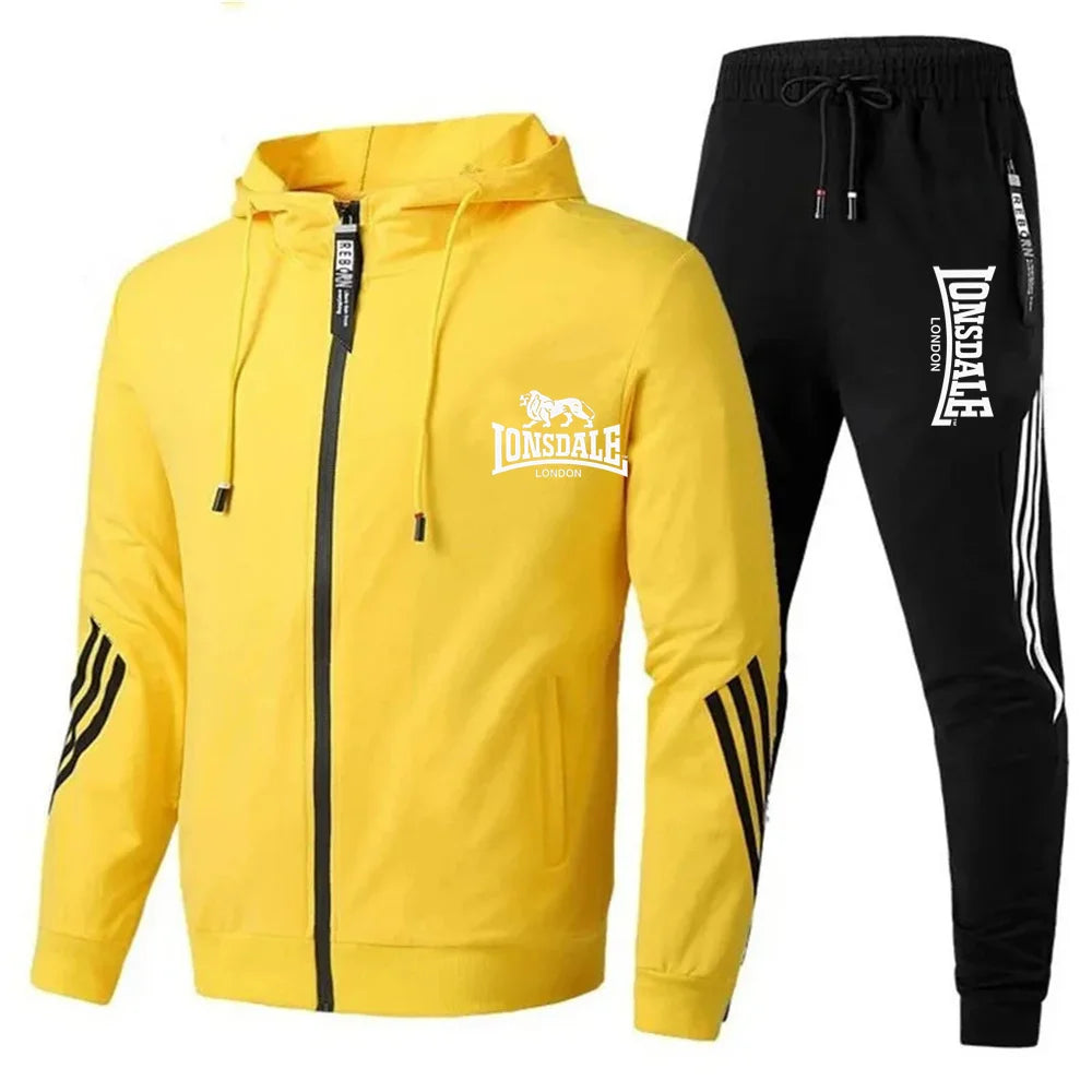 Men's Printed Long-sleeved Fitness Spring And Autumn Hoodie Sports Jacket + Pants Suit Drawstring Sports Suit Zipper Clothes