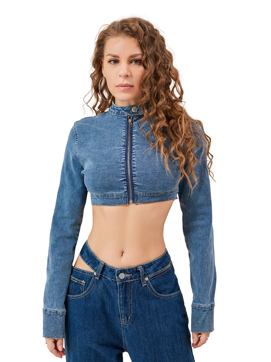 Distressed Cropped Denim Jacket with Zippered Closure Casual Jean jacket