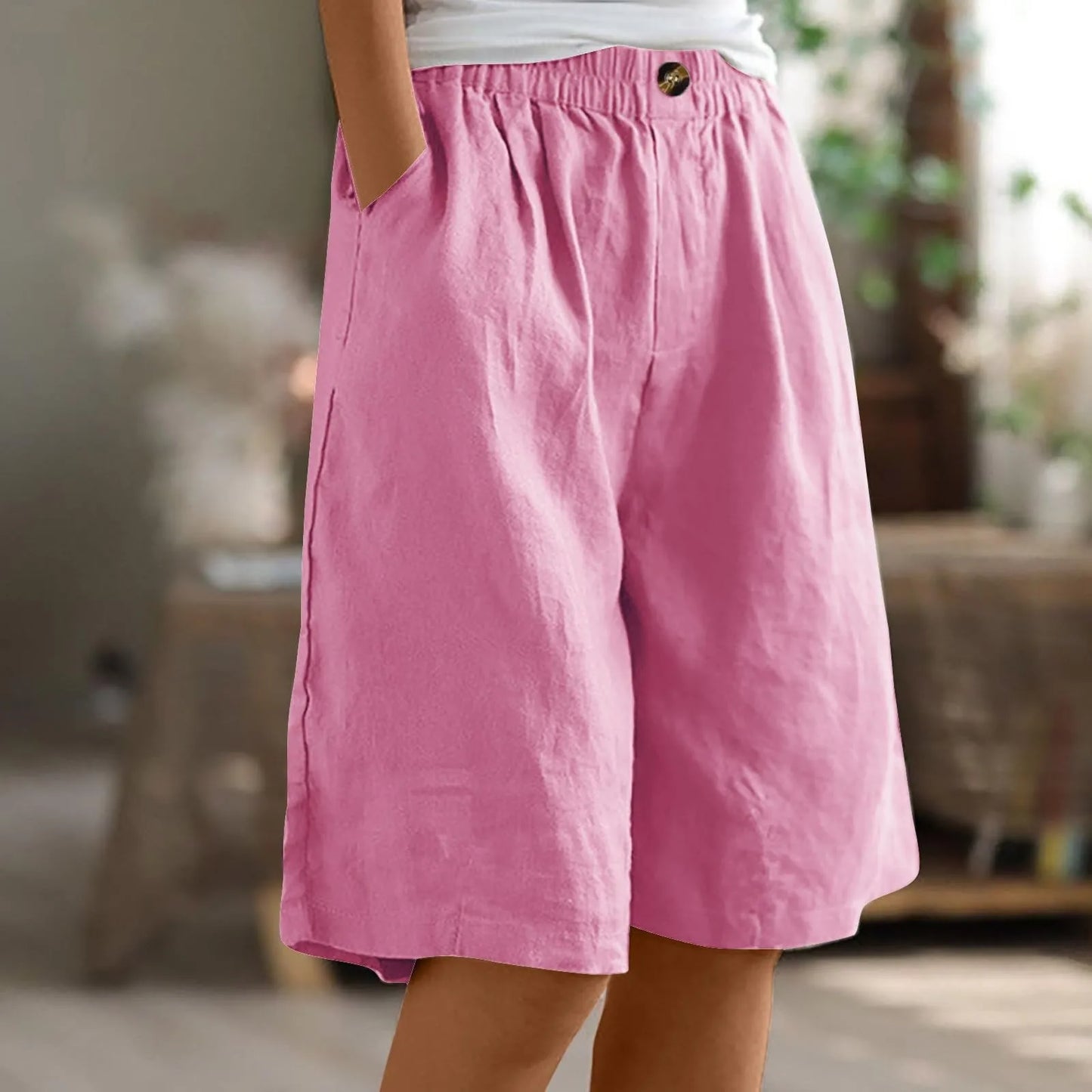 Women's Fashion Solid Color Shorts Pocket Button Up Capris Loose Elastic Waist Cotton Linen Shorts