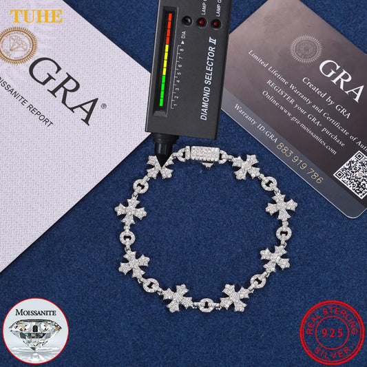 Sterling Silver 925 Charm Cross Chain Bracelets  Iced Out Moissanite Fine Jewelry