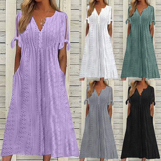 Dresses for Elegant Ladies Party Dresses Hollow Out Bow Short Sleeve Lace Waist Pocket Wedding Mother Dress