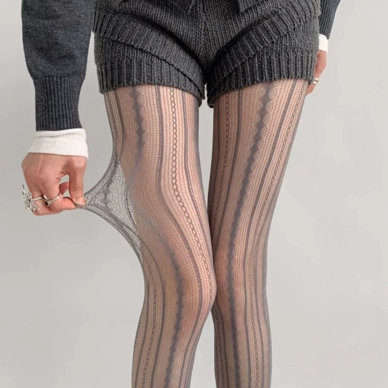 Women Vintage Solid Fishnet Lace Pattern Tights Stockings Hollowed Rhombus Striped Geometric Jacquard Pantyhose Leggings