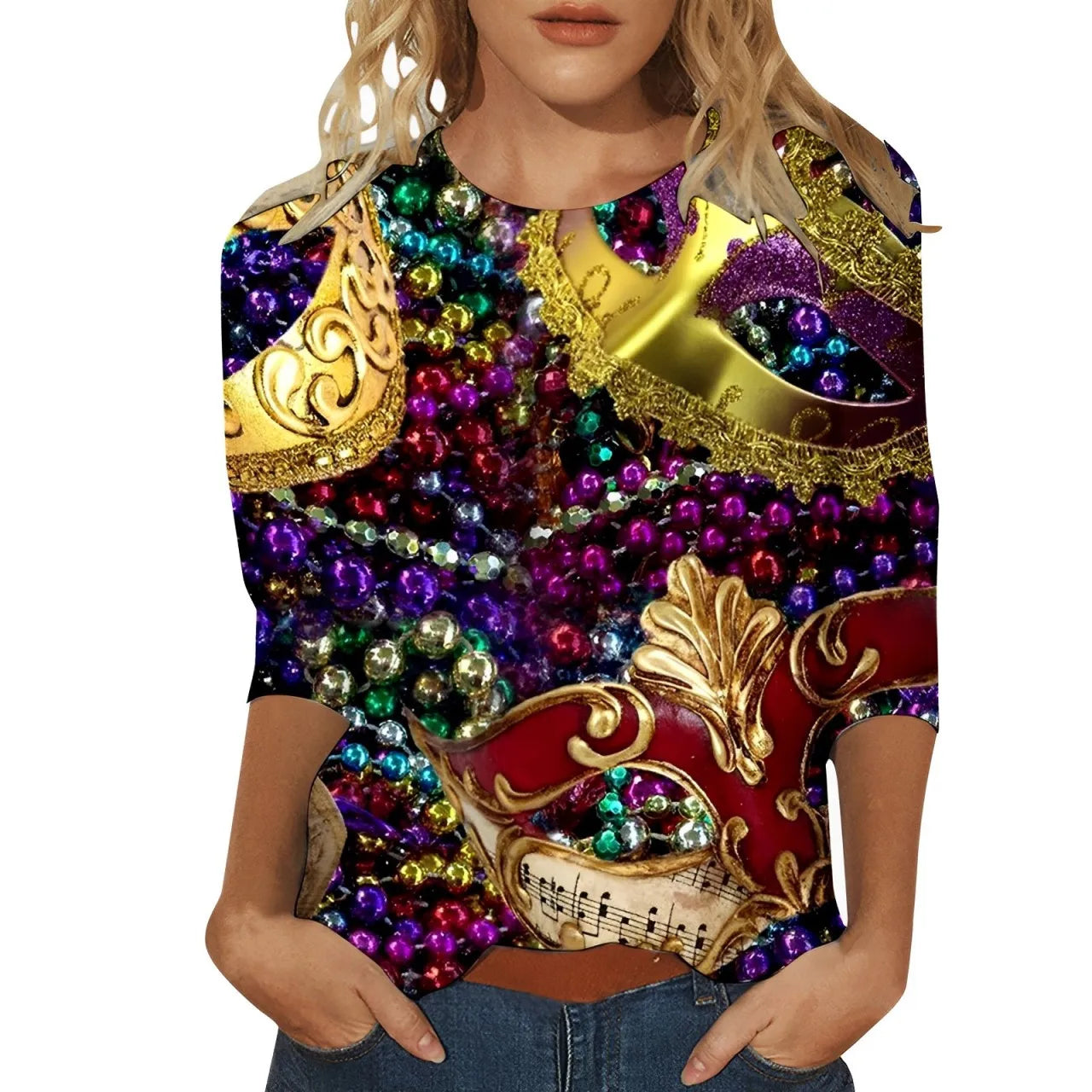 Carnival Printed Women Casual T-Shirts Spring Summer 3/4 Sleeve Round Neck Mardi Gras Clothing Plus Size Festival Party Tees Top