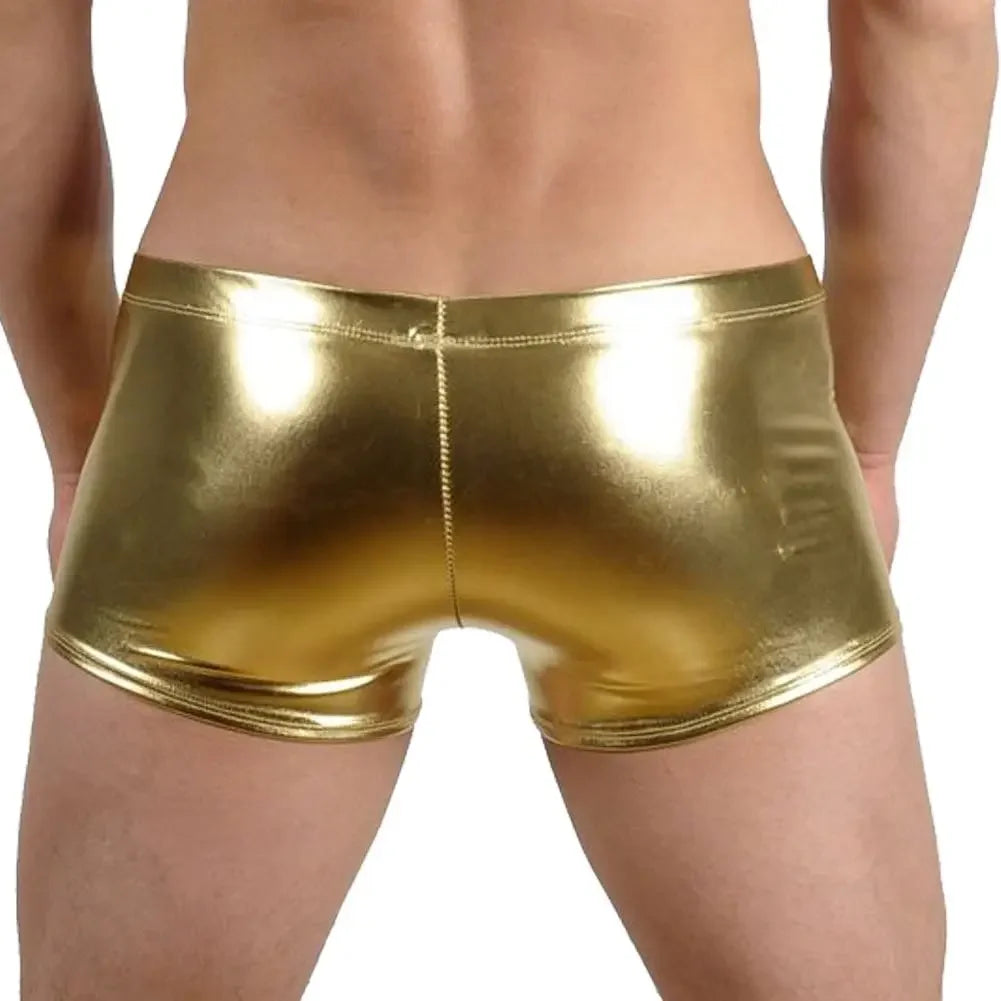 PU Leather Swimwear Mens Metallic Shiny Underpant Swim Boxers Beach Shorts Lace Up Underwear Bikinis Swimsuits Swimming Trunks