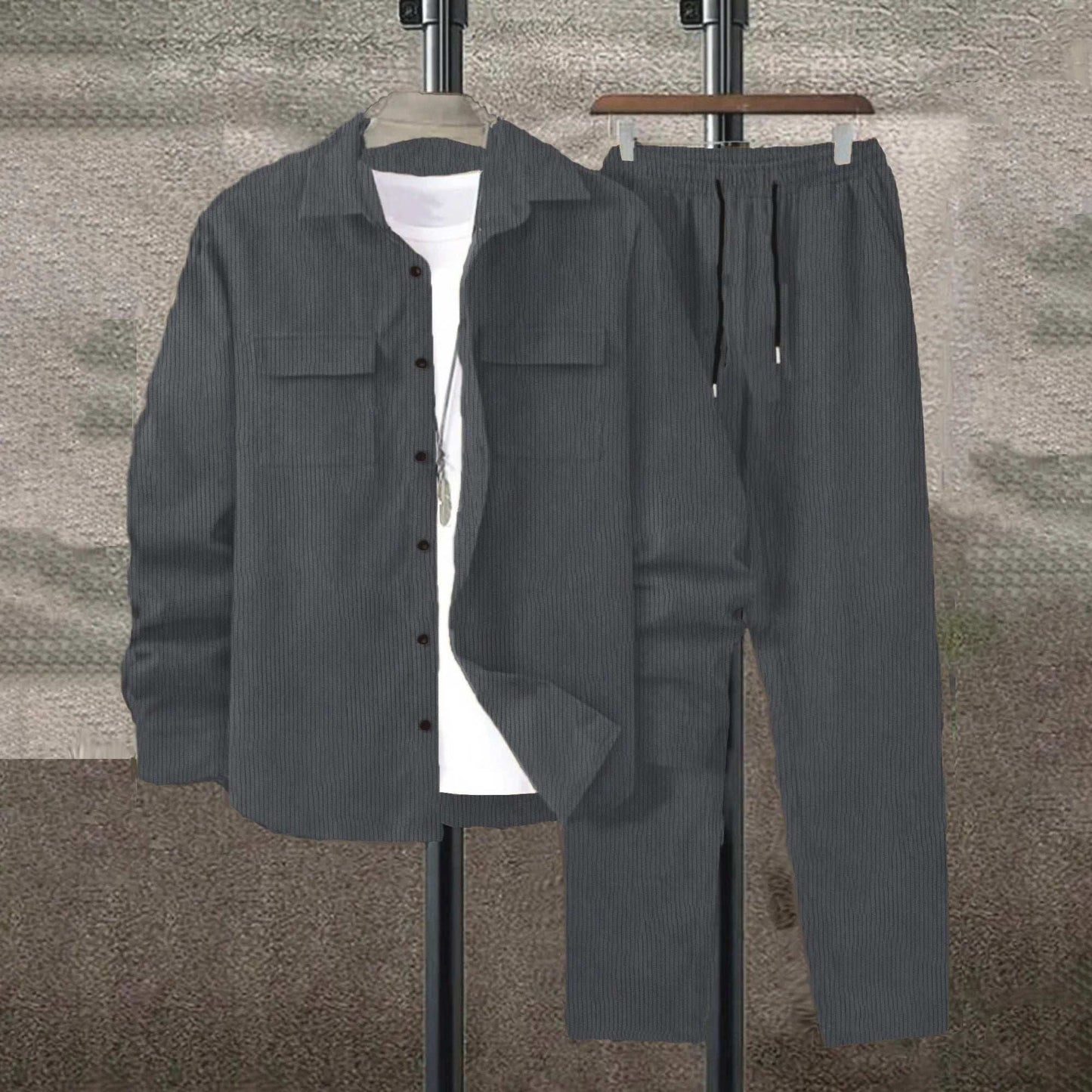 Men's suit Solid color corduroy suit Long sleeve shirt and pants casual suit