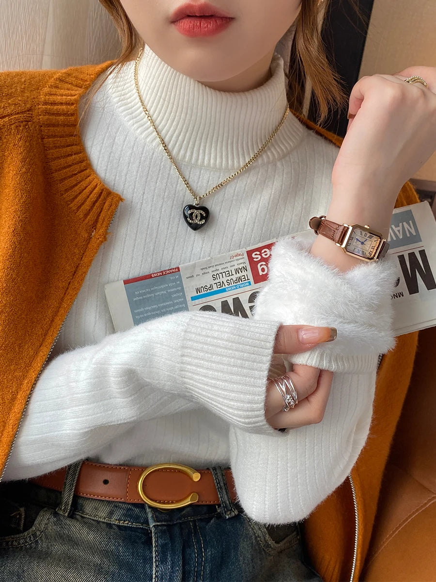 Women's Turtleneck Sweater Winter Retro Velvet Lining Thickened Inner Wear Thermal Knitting Bottoming Shirt