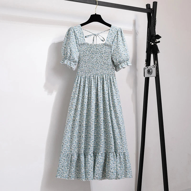 Chiffon Dresses Fashion Female Elastic Waist Short Sleeve Pleated Casual Dress Women A-line Dresses