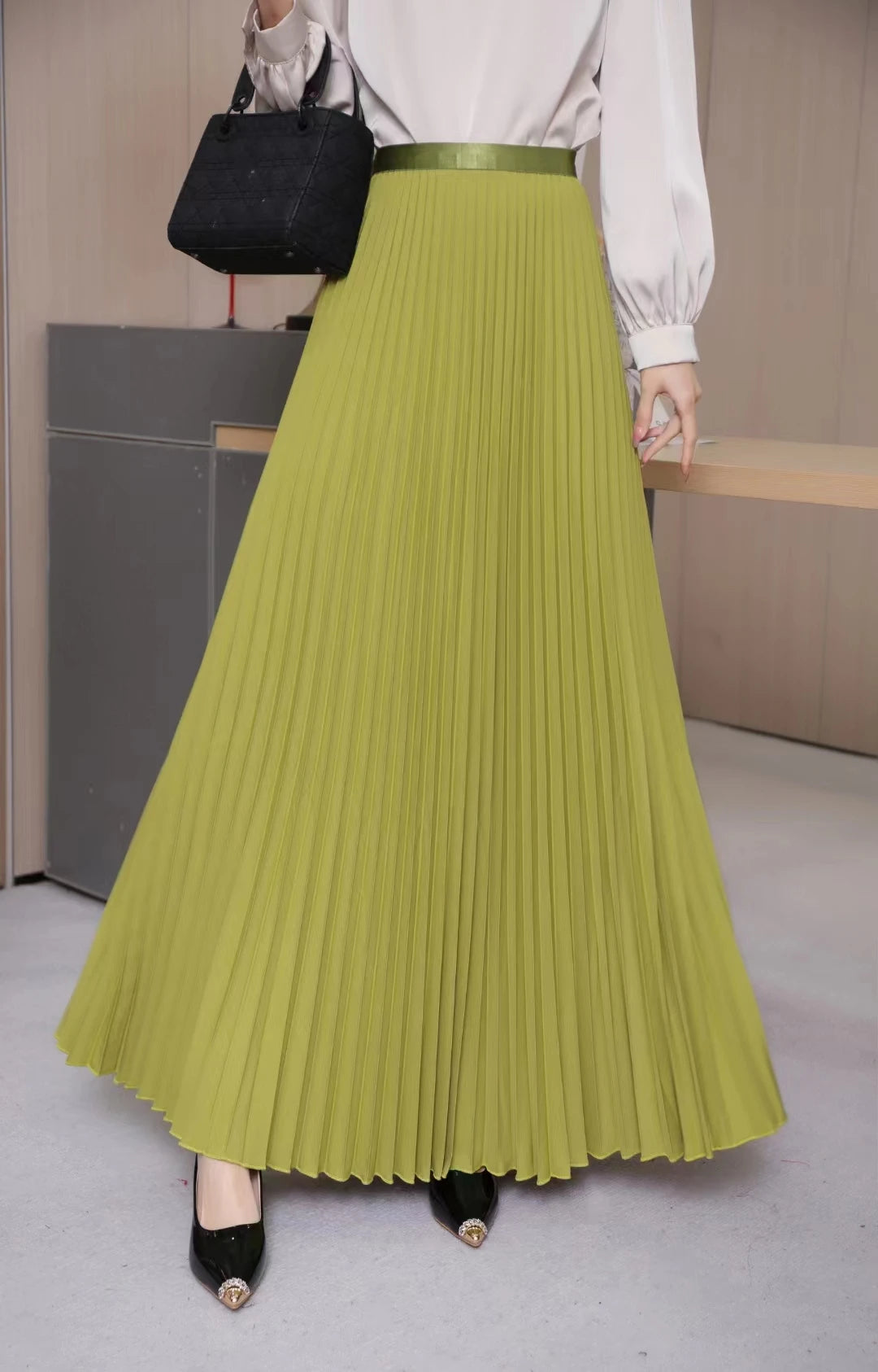 Elegant Pleated Skirt High Waist Women's Long Skirt Ladies High Quality Midi Skirt