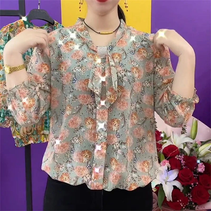 Ruffles Bow Rhinestone Floral Print Blouse